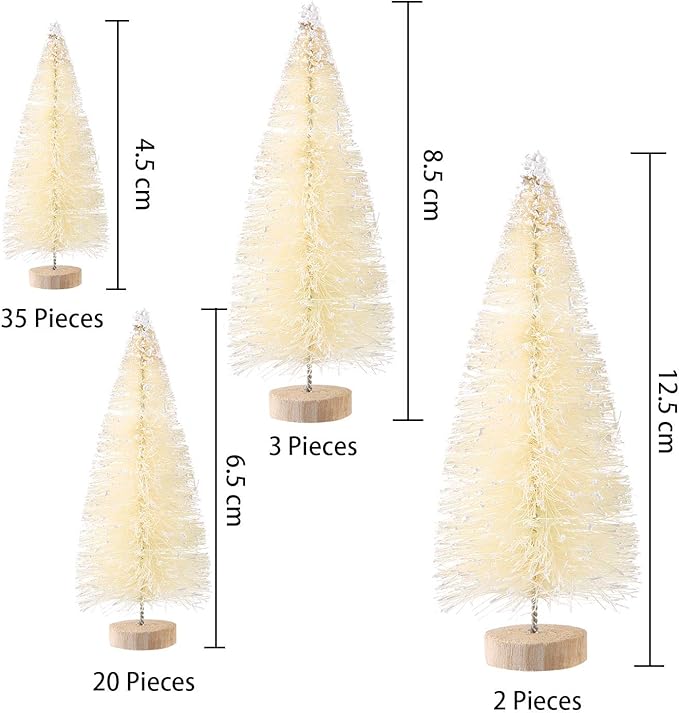 SATINIOR 60 Pieces Artificial Mini Christmas Tree Sisal Snow Trees Bottle Brush Christmas Trees Pine Trees Ornaments with Wooden Base for Christmas Party Home Decoration (4 Sizes, White)