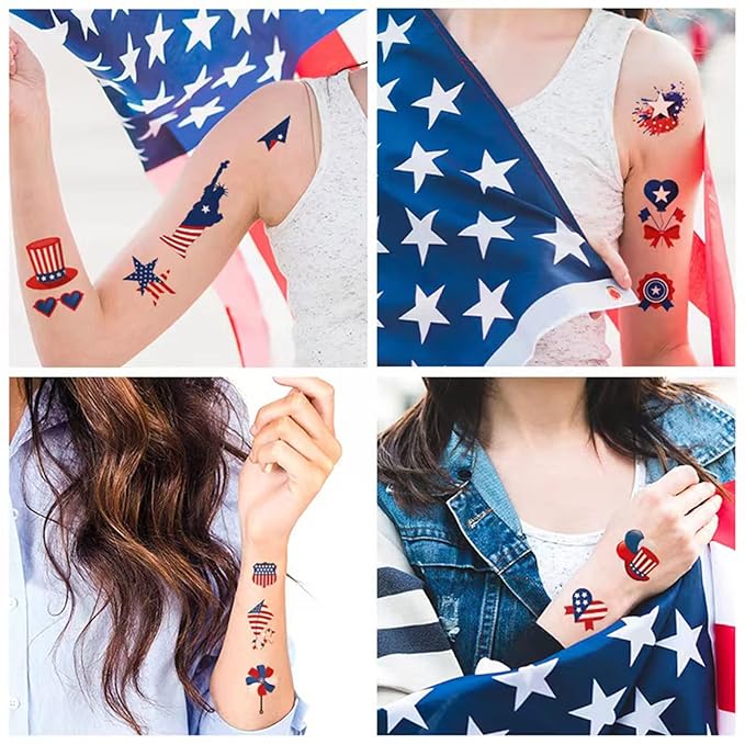 4th of July Temporary Tattoos Kids Adults, 90pcs American Flag Red White Blue Fake Tattoo Stickers, Independence Day Fourth of July Body Art USA National Memorial Decorations for Labor Day Party