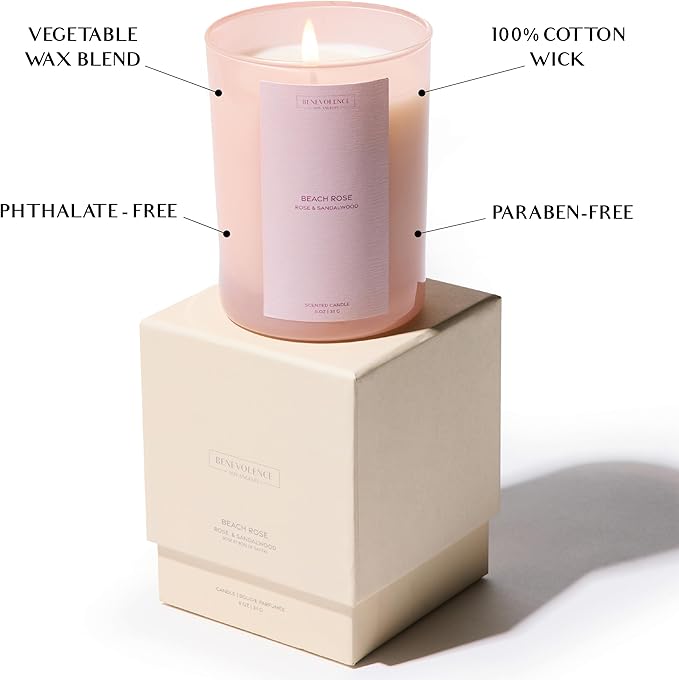 Rose & Sandalwood Scented Candle | 11oz, 60 Hour Burn | Natural Soy Wax, Cotton Wick | Fall & Holiday Candles | Christmas Scented Candles for Home | Benevolence LA Sun-Kissed Collection - Beach Rose