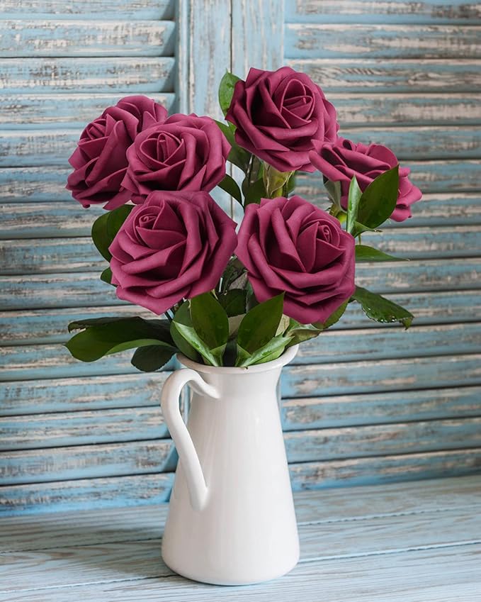 JOYLEX Artificial Flowers Realistic Roses, 50pcs Real Looking Fake Roses with Stem for DIY Wedding Bouquets Centerpieces Bridal Shower Party Home Romantic Decorations (Wine Red)
