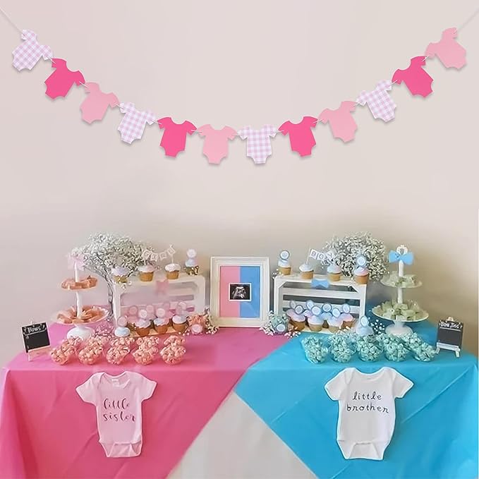 Pink Bodysuit Banner - Baby Shower Decoration Pink Gingham Banner,Shower Gingham Bunting Decor (pink)