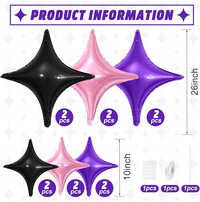 Black Purple Pink Star Balloons,12Pcs Four Angle Star Foil Balloons,26Inch and 10Inch Black Purple Quadrangle Helium Balloon for Girl Theme Birthday Baby Shower Party Decorations
