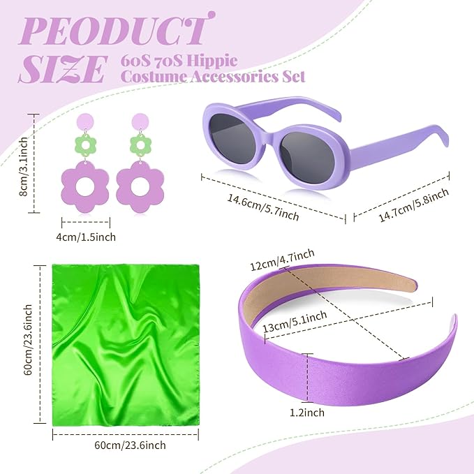 4 Pcs 70s 60s Accessories Women Hippie Disco Groovy Costume Accessories Headband Dangle Earrings Sunglasses Silk Scarf