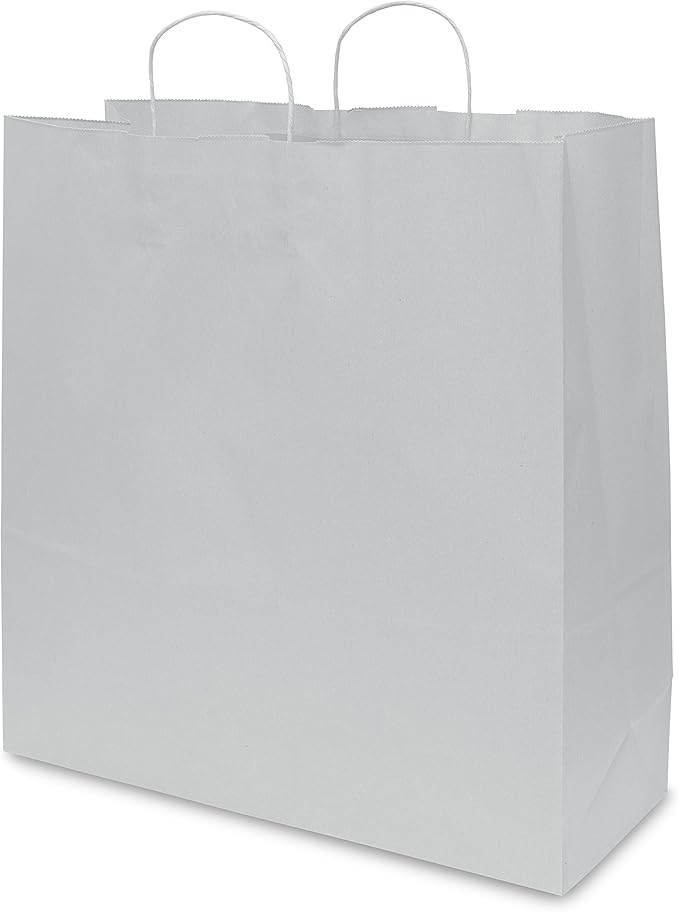 Prime Line Packaging White Gift Bags, Kraft Shopping Bags Extra Large with Handles for Small Business, Boutiques, Retail, Merchandise, Bulk,18x7x18.75, 50 Pack