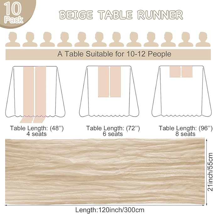 10 Pack Beige Table Runner 120 Inch Cheesecloth Table Runner 10FT Rustic Boho Gauze Table Runner Long Cheese Cloth Table Runner Semi Sheer Runners for Wedding Bridal Baby Shower Party