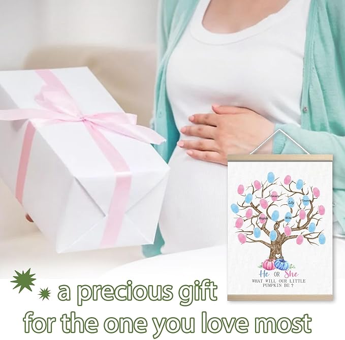Pumpkin Baby Shower Gender Reveal Fingerprint Tree Canvas Guest Books, Gender Reveal Party Decorations Gifts Ideas, Thumbprint Hanging Paintings