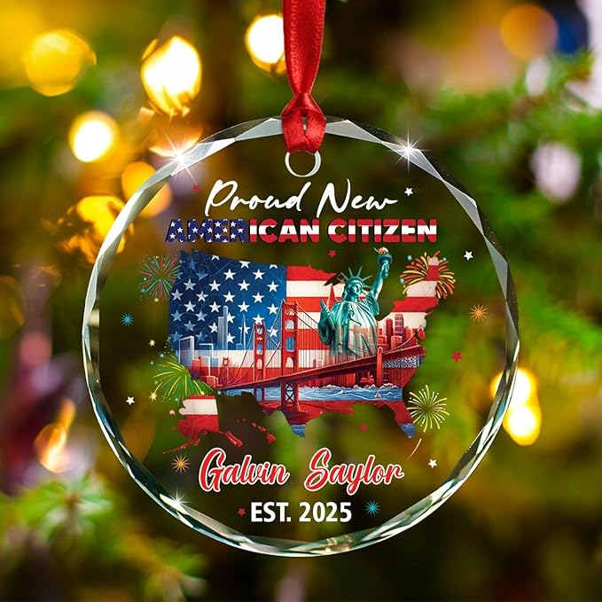 Proud New American Citizen Glass Xmas Ornament 2025, Personalized Year Name Congrats Citizenship Celebration Keepsake Ornaments, Custom NYC Cityscape Christmas Ornament Gift for US Lovers Citizenship