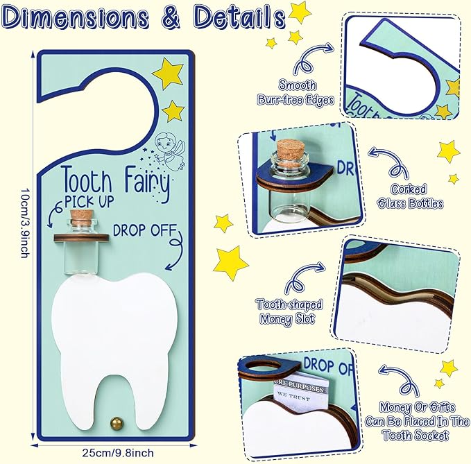 Tooth Fairy Holder Bag Door Hanger with Money Slot Keepsake Bottle Velvet Pouch Teeth Fairy Box Encourage Gift for Lost Teeth Boy Girl Milk(Fresh,Blue)