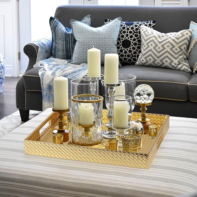 HofferRuffer Rectangle Serving Tray with Hole Handles for Coffee Table, Breakfast, Tea, Food, Butler - Countertop, Kitchen, Vanity Serve Tray, 16.2 x 12.2 x 2 inches, Faux Leather (Gold)