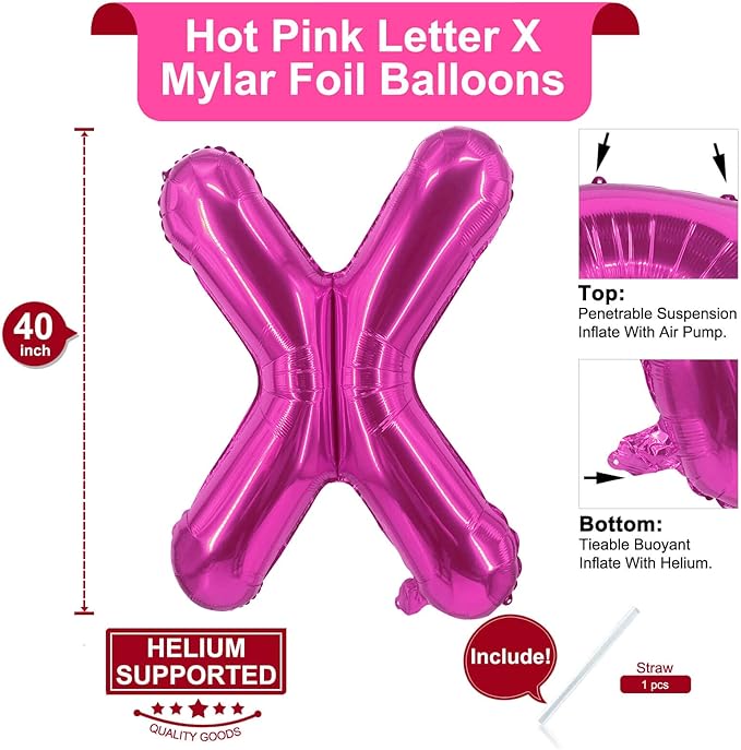 Lovoir 40 Inch Large Hot Pink Letter X Balloons Big Size Jumbo Mylar Foil Helium Balloon for Birthday Party Celebration Decorations Alphabet Hot Pink X