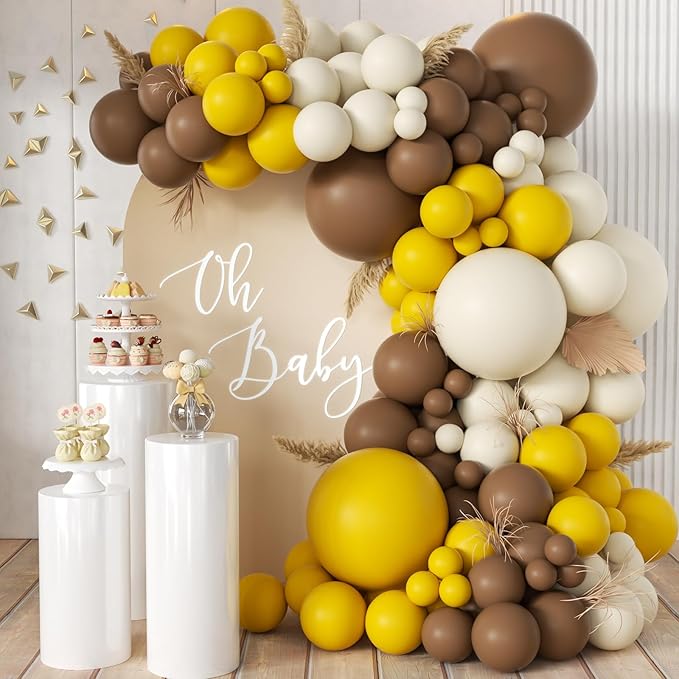 Yellow Brown White Balloon Garland Arch Kit, 155Pcs Latex Balloons Different Size 18 12 10 5 inch for Birthday Wedding Party Baby Shower Bridal Shower Decoration