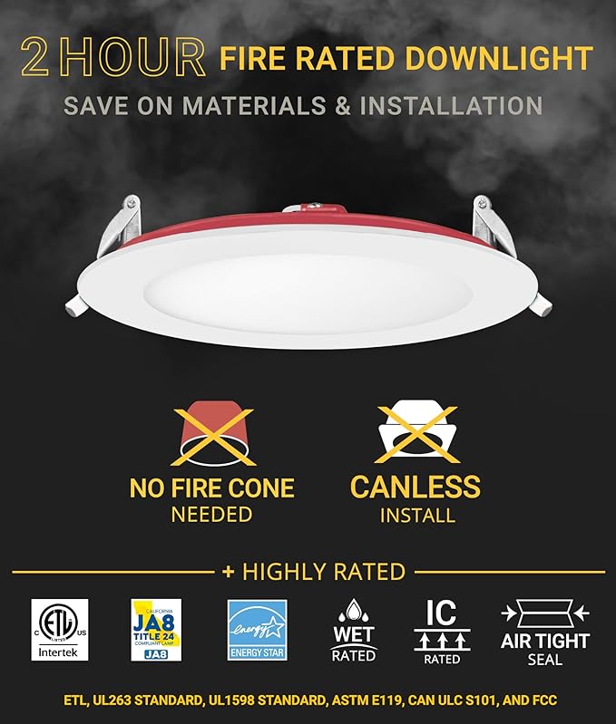 NUWATT 12 Pack 6 Inch 2 Hour FIRE Rated LED Recessed Lighting, 2700K/3000K/3500K/4000K/5000K Selectable, 1200 Lumens Dimmable, Wet & IC Rated Ultra Thin Canless LED Wafer Lights, No Fire Cone Needed
