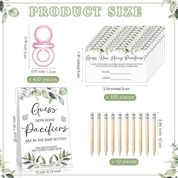 Roowest 512 Pcs Baby Shower Games Guess How Many Pacifiers Sign 100 Small Guessing Games 10 HB Pencils 750ml Milk Bottle 400 Acrylic Pacifiers Decoration for Guest Gender Reveal(Pink,Plant)