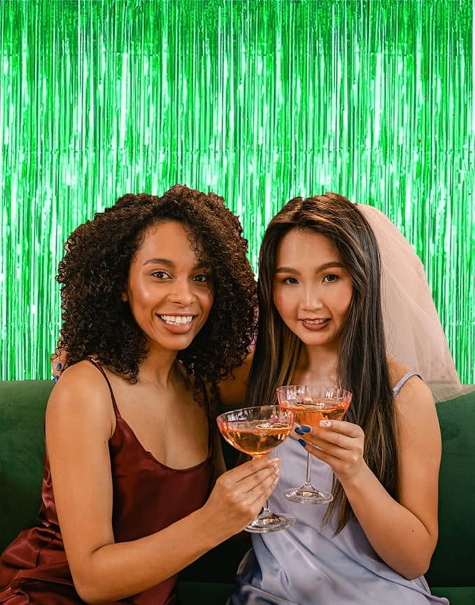 i-CHONY 2 Pcs Green Metallic Tinsel Foil Fringe Curtains,3.2ft x 8.2ft Photo Booth Backdrop for Birthday Wedding Bridal Shower Baby Shower Holiday Celebration Bachelorette Party Decorations