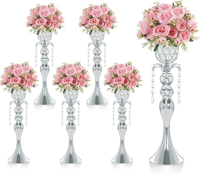 6Pcs Silver Crystal Metal Vase Set - Tulip & Trumpet Wedding Centerpieces, Artificial Flower Arrangement Vases Bulk for Home Decor, Restaurant Table Displays
