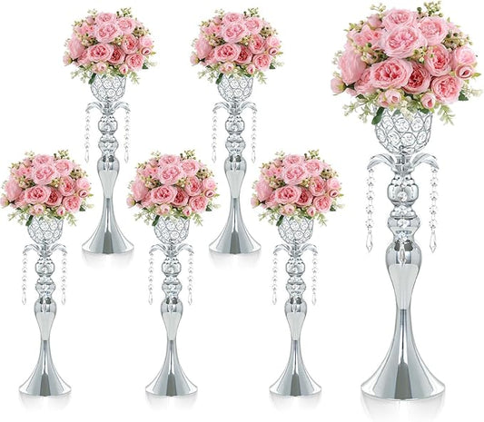 6Pcs Silver Crystal Metal Vase Set - Tulip & Trumpet Wedding Centerpieces, Artificial Flower Arrangement Vases Bulk for Home Decor, Restaurant Table Displays