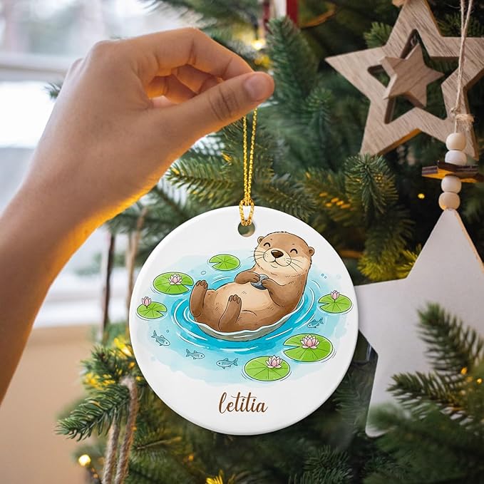 Personalized Funny Otter Xmas Tree Ornament, Otters Animal Ornaments, Animal Enthusiast Gift for Christmas Holiday, Customized Otter Ceramic Ornament with Name, Otters Lovers Keepsake Decoration