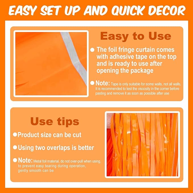 3 Pack Macaron Orange Foil Fringe Curtains Backdrop, 3.28 x 6.6 Ft Metallic Streamers Tinsel Curtains Background for Photo Booth, Birthday, Halloween, Christmas, New Year Party Decorations