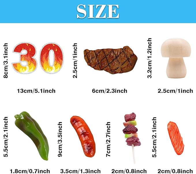 9 PCS BBQ Cake Topper Happy 30 Birthday Barbecue Decorations with Artificial Kebab and Hot Dog for Boys Girls Birthday Party Picnic Camping BBQ Theme Party Supplies