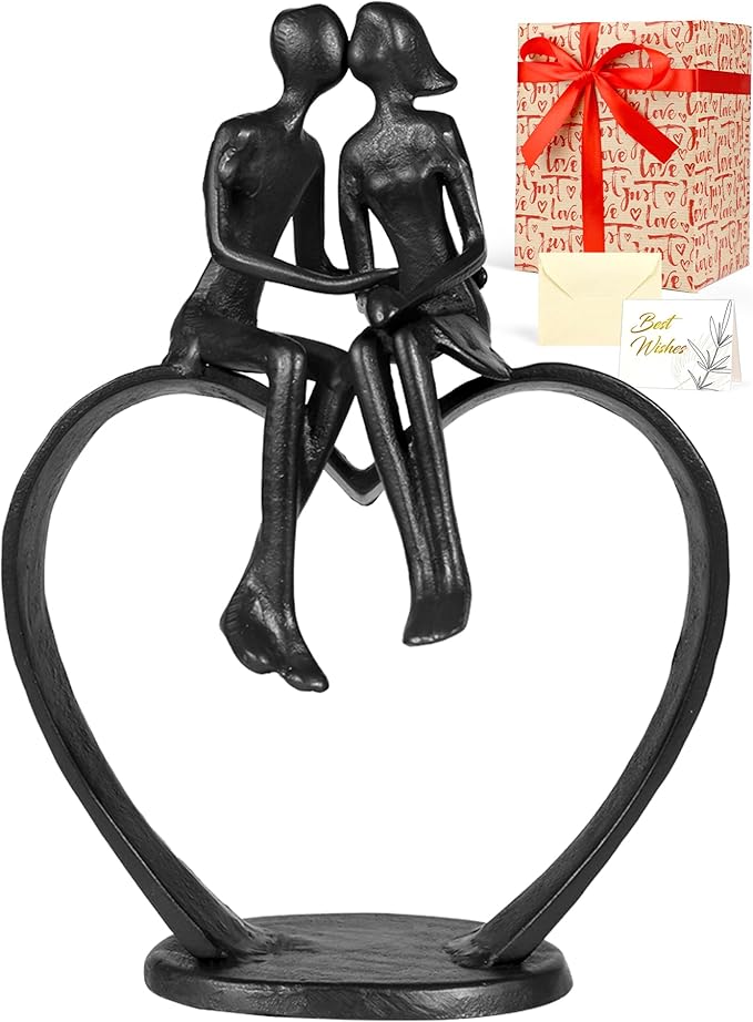 Gifts for Wife, Kissing Couple & Loving Heart Statue Cast Iron Sculpture Decor, Wedding Anniversary Birthday Gifts for Wife Women Girlfriend Her, Wedding Anniversary Couple Gifts