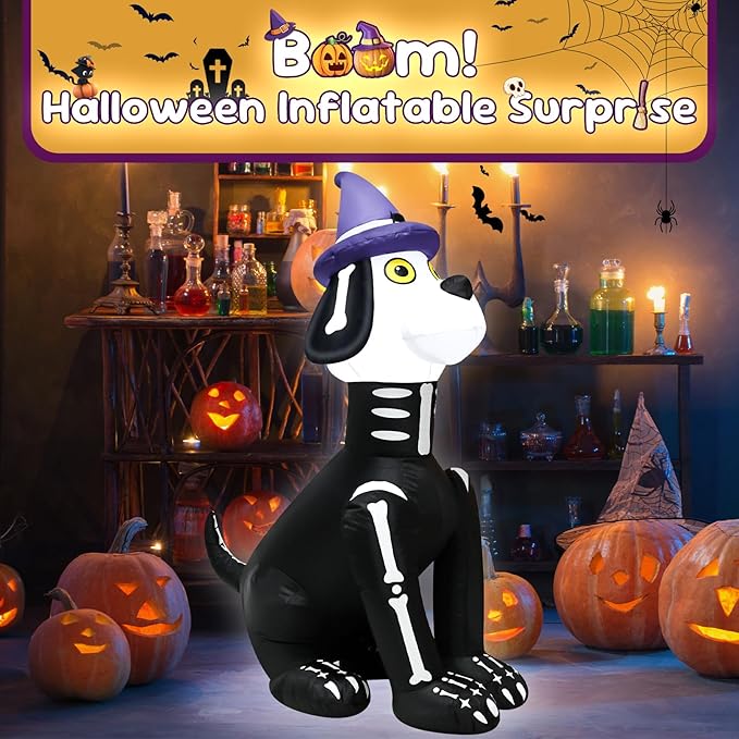 4FT Halloween Skull Dog Inflatable Decoration Blow up Halloween Skeleton Black Dog Decoration with LED Lights Indoor Outdoor Yard Graden Party Holiday Decor