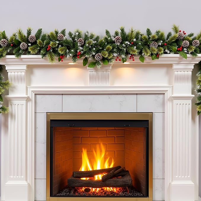 9ft Christmas Garland with Lights,Lighted Artificial Flowering Pine Garland for Mantle,Prelit Faux Green Christmas Winter Garland with Pine Cones and Red Berry for Indoor Outdoor Decor