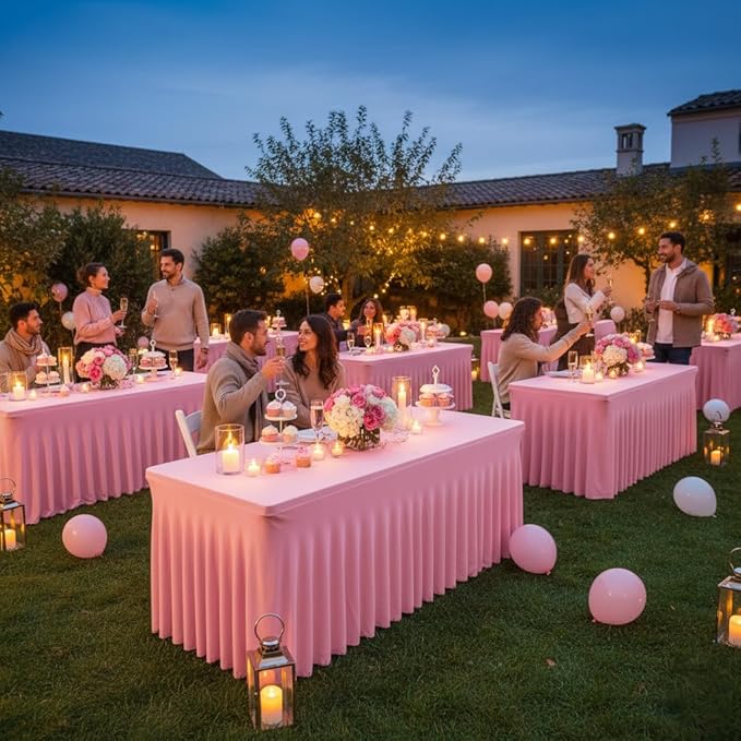 HolidayIdeas 6 Pack 6ft Spandex Table Covers for Brithday Parties, Fitted Stretch Table Skirts 30x72 Inch, Wrinkle-Free Floor Length Tablecloths for Weddings, Banquets Events, Pink
