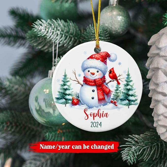 Personalized Snowman Christmas Ornament, Custom Name & Year, Snowman with Red Cardinal, Keepsakes Gifts for Family, Kids, Occasion: Christmas