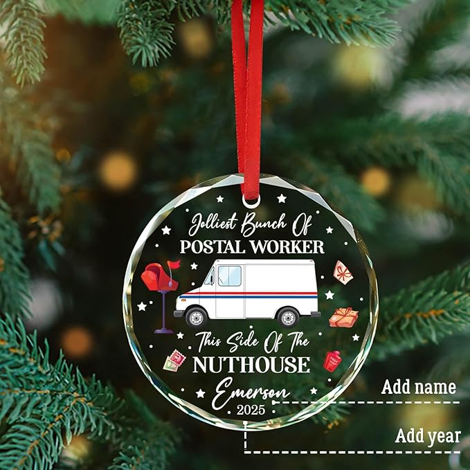 Jolliest Bunch of Postal Worker Christmas Ornaments, Gifts for Mail Carrier Service, Personalized Mail Truck Glass Ornament for Xmas Tree Decor, Postman Mailman Christmas Ornament Custom Name