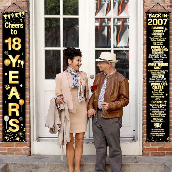 18th Birthday Party Anniversary Decorations Cheers to 18 Years Banner Party Decorations Welcome Porch Sign for Years Birthday Supplies (18th-2007)