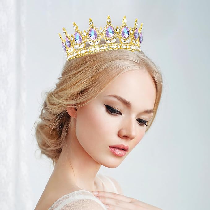 Queen Crown Rhinestone Wedding Crowns and Tiaras for Women Costume Party Hair Accessories Princess Birthday Crown Crystal Bridal Crown (Gold Crown-Violet)