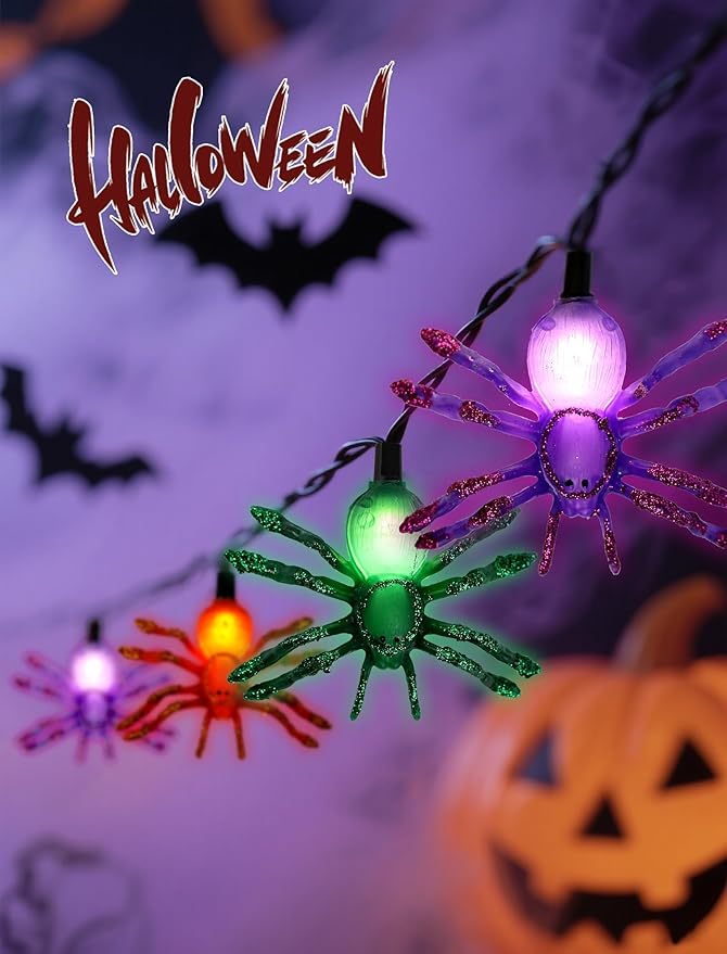 Sparkling Halloween String Lights, 12ft 20 LED Glitter Spiders, UL Certified Plug in Indoor Halloween Decor for Home, Mantle, Window & Party