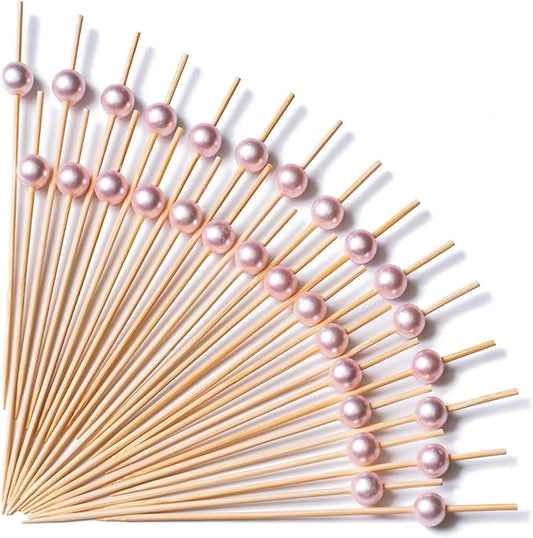 PuTwo Cocktail Picks 4.7 Inch 200pcs Bamboo Fancy Skewers Toothpicks for Appetizers Pink Pearl Toothpicks for Food Drink Fruit Sandwich BBQ Charcuterie Boards Accessories Birthday Party Supplies