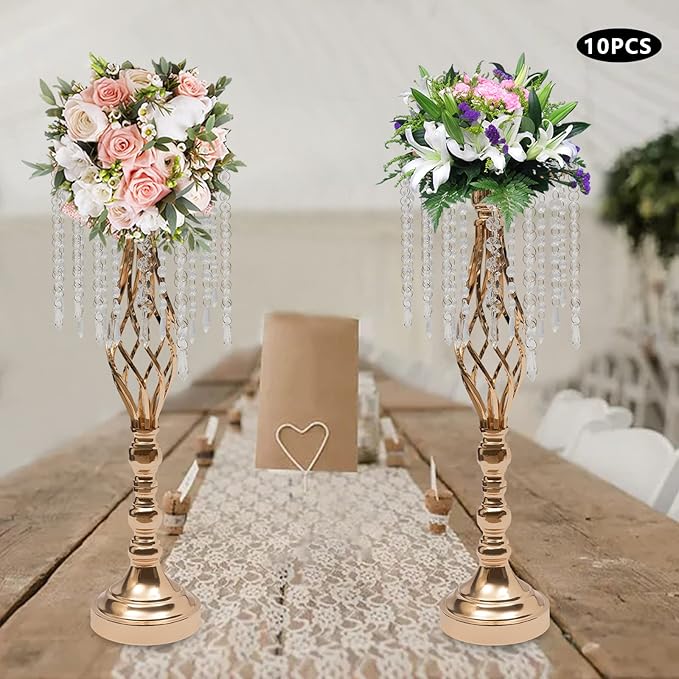 Wedding Centerpieces Gold Vases,10PCS Metal Flower Candle Holder with Sparkling Crystal Beads,Crystal Flower Vase Metal Flowers Stand for Party Tables Decorations (10PCS-Gold-14cm)