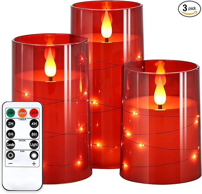 NURADA Flickering Flameless Candles: Built-in Star String Lights Battery Operated LED Pillar Candles with Remote and Timer Romantic Decorations for Wedding Party Christmas Halloween - Red 3 Pack