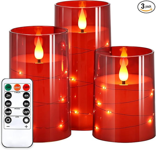 NURADA Flickering Flameless Candles: Built-in Star String Lights Battery Operated LED Pillar Candles with Remote and Timer Romantic Decorations for Wedding Party Christmas Halloween - Red 3 Pack