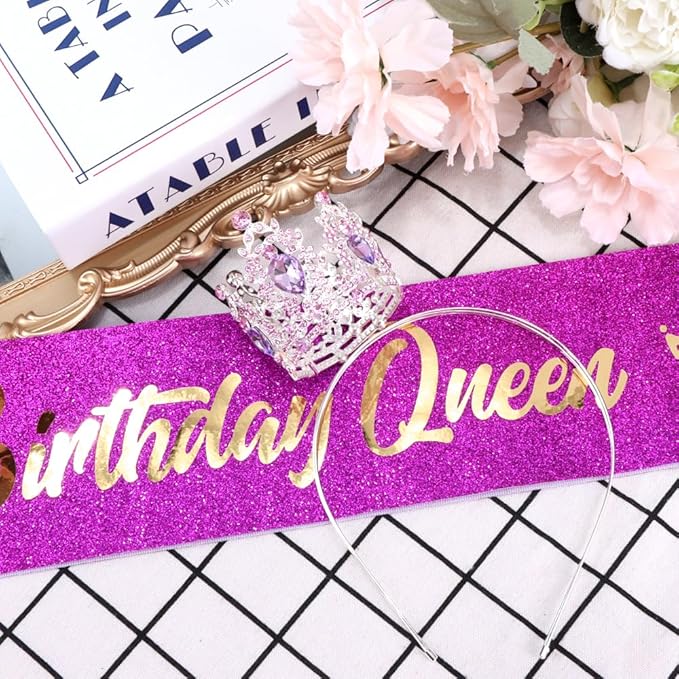 Birthday Queen Sash for Women Tiara & Crowns Headbands for Girls Happy Birthday Party Accessories Favor Supllies Leona Gold Silver Pink Purple, 2 Pack