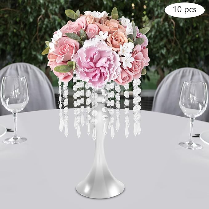 Wedding Centerpieces Sliver Vases,10PCS Metal Flower Candle Holder with Sparkling Crystal Beads,Crystal Flower Vase Metal Flowers Stand for Party Tables Decorations