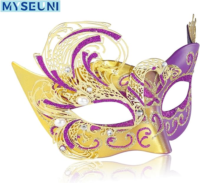 2025 New Purple Masquerade Mask for Women-Peacock Metal Filigree Venetian Mask- Butterfly Mascarade Mask for Women -Perfect for Mardi Gras, Halloween Parties, Costume Party, Carnivals, Wedding