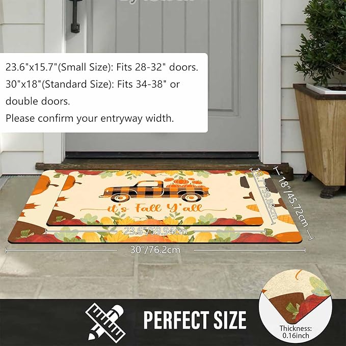Fall Welcome Maple Leafs Decorative Door Mat, Autumn Thanksgiving Doormat for Indoor Outdoor Entrance Floor Mats,Fall Pumpkins Non Slip Harvest Vintage Decor Rubber Welcome Mats 16" x 24" Inch