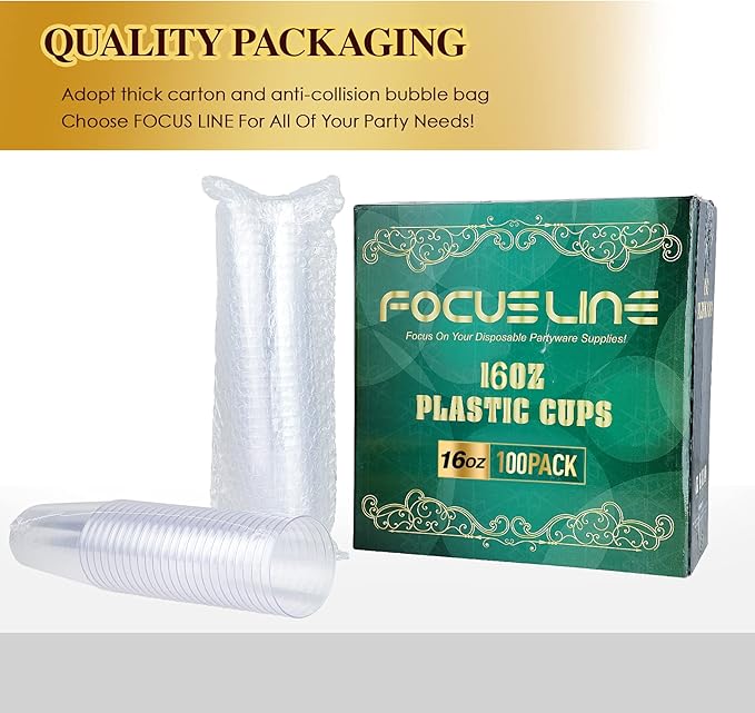 FOCUSLINE 100 Pack 16 oz Clear Plastic Cups, Disposable Cups Large Reusable Plastic Tumblers, Heavy-duty Clear Hard Cups 16 Ounce for Wedding Party, Thanksgiving, Halloween, Christmas