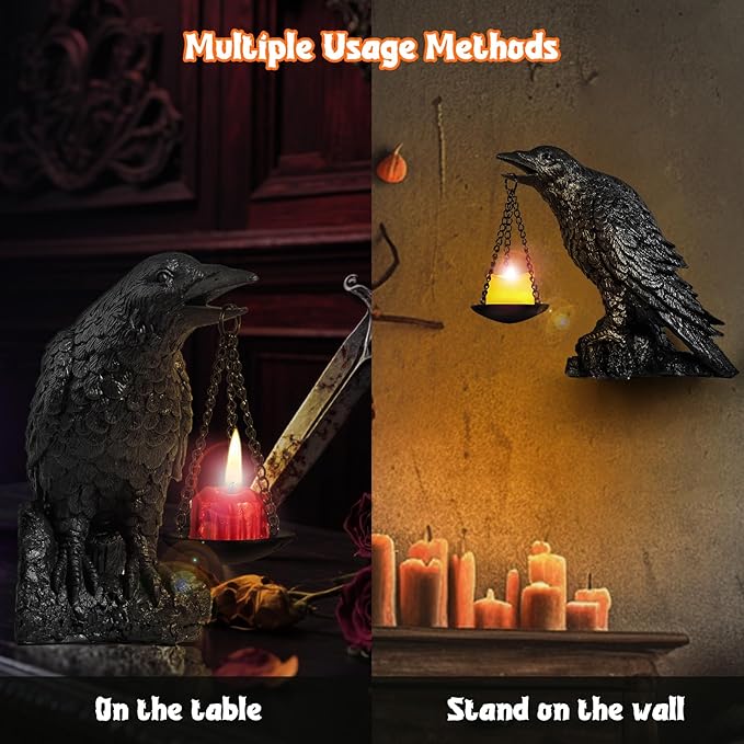 Halloween Decorations Outdoor Indoor Gothic Crow Wall Decor Table Candle Holder Raven Tealight Statue for Yard Patio Garden Bedroom Black
