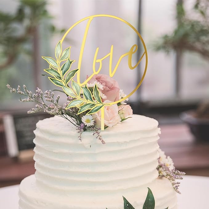 Love Wedding Cake Topper Gold Acrylic Greeny Wedding Engagement Cake Decoration (Design 02)