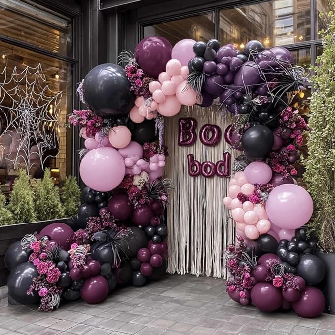 Black Pink Purple Balloons Double Stuffed Dark Plum Mauve Pink Pastel Lavender Lilac Balloon Garland Arch Kit for Wednesday Addams Halloween Birthday Baby Shower Wedding Goth Party Decorations