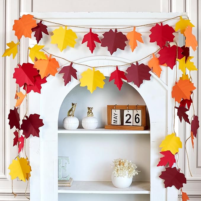 Fall Maple Leaves Garland Fall Decorations for Home Autumn Leaves HangingMaple Leaf Banner Orange Yellow Leaf Decor for Fall Harvest Thanksgiving Party Home Fireplace Wall Decor-2Pcs
