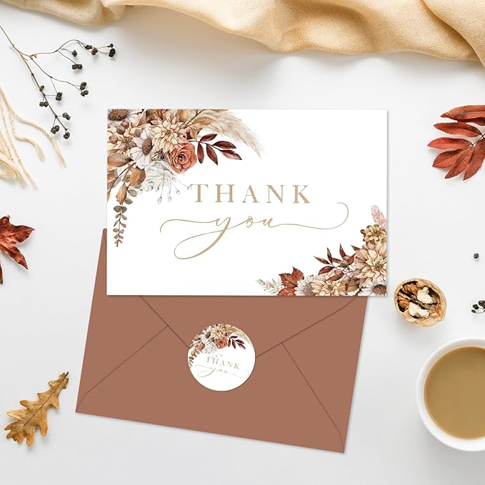 Whaline 50 Pack Boho Floral Thank You Cards Boxed Retro Flower Note Cards with Envelopes Stickers Fall Blank Card for Thanksgiving Bridal Shower Baby Shower Wedding Supplies, 4 x 6 Inch