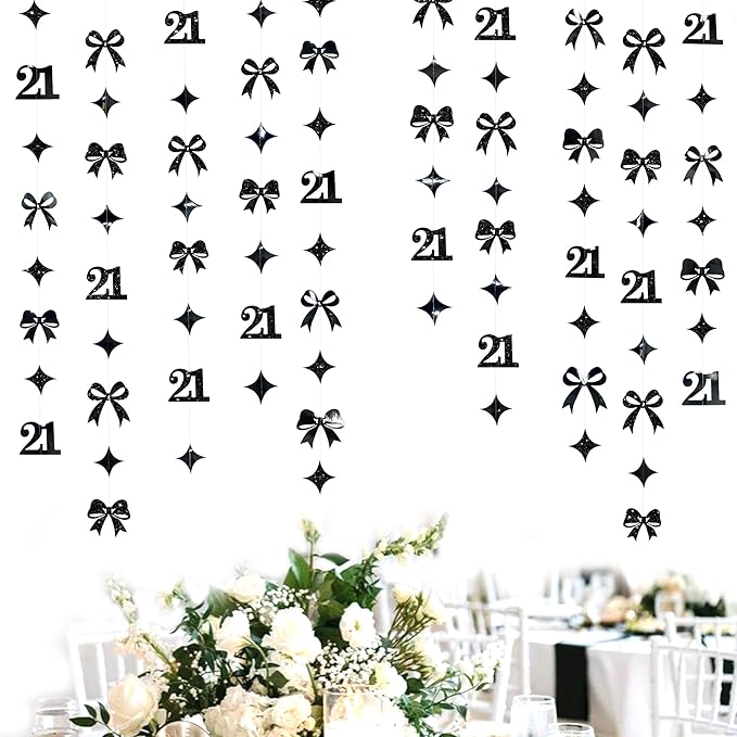 Black 21st Bow Birthday Decorations Glitter Conquette Bow Garland Streamer Banner Backdrop for Girls Boys Happy 21st Birthday Finally Legal Cheers to 21 Years Old Awesome Since 2004 Party Supplies