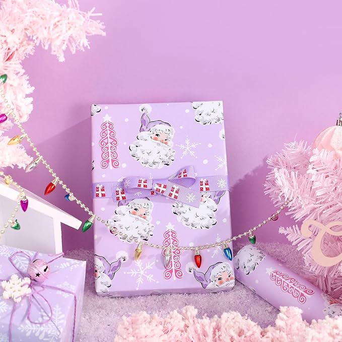 WRAPAHOLIC 30 Inch Jumbo Reversible Christmas Wrapping Paper - 30 Inch x 33 Feet - Purple Santa Claus and Snowflake with Embossed for Christmas, Holiday, Party Celebration