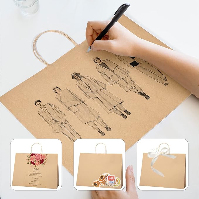 METRONIC Gift Bags with Handles,16x6x12 Inch Recyclable Brown Paper Bag 50 Pack, Kraft Shopping for Business Grocery (Bulk)
