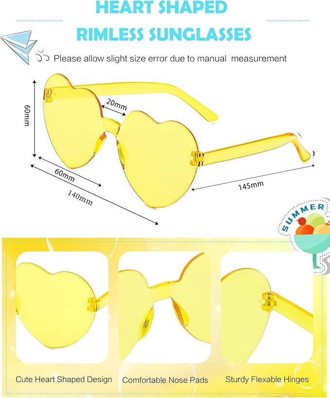 20 Pairs Heart Shaped Sunglasses Bulk, Colorful Rimless Fun Heart Sunglasses for Women Party Favors